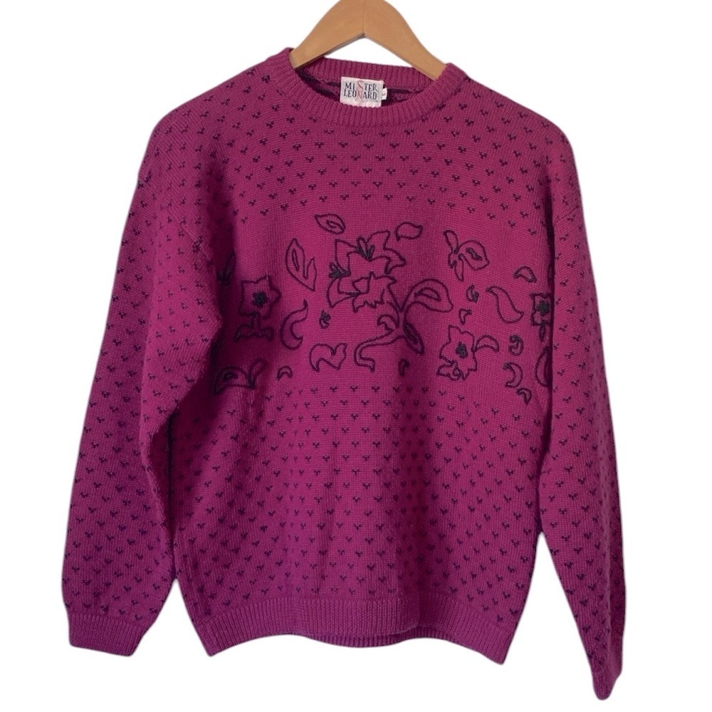 Vintage Mister Leonard wool blend magenta knit embroidered floral sweater Small